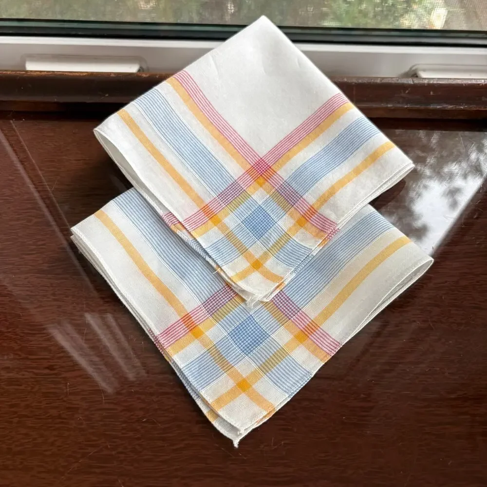 Vintage Plaid Cotton Handkerchief Set Blue Yellow Red 11x11